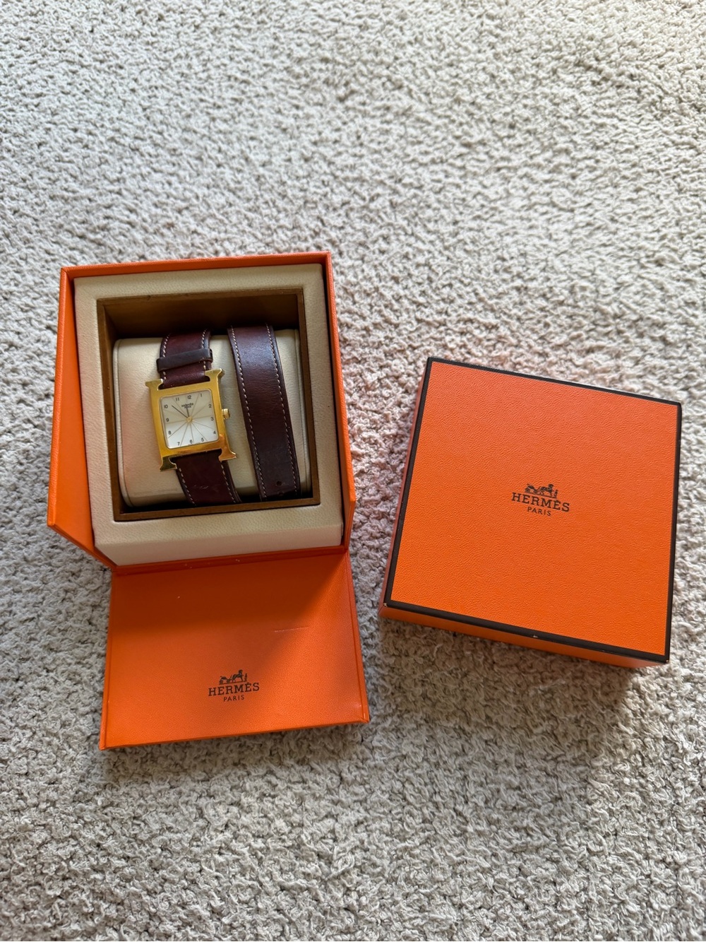 Hermes Brown Double Tour Leather Watch with Gold Case